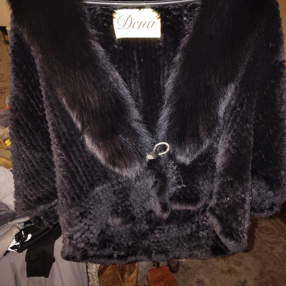 Women's Black Fur Coat Authentic Genuine Fox & Rex Rabbit 100% - Picture 2 of 16